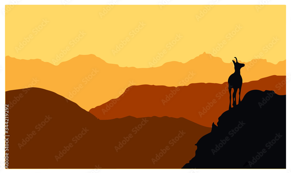 A chamois stands on top of a hill with mountains in the background. Black silhouette with brown and orange background. Vector illustration.