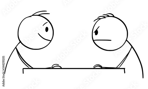 Vector cartoon stick figure drawing conceptual illustration of two men or businessmen sitting at table and watching each other. One is smiling, one is angry.