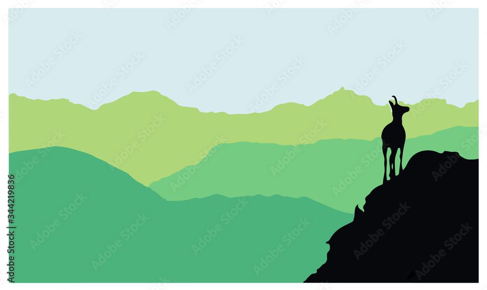 A chamois stands on top of a hill with mountains in the background. Black silhouette with green and yellow background. Vector illustration.