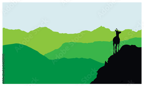 A chamois stands on top of a hill with mountains in the background. Black silhouette with green background. Illustration.