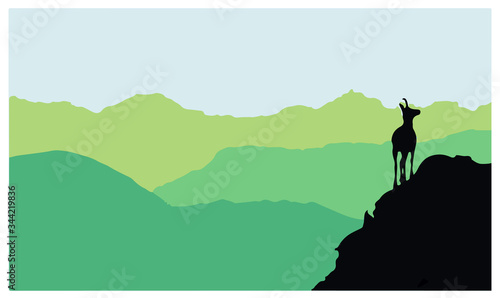 A chamois stands on top of a hill with mountains in the background. Black silhouette with green and yellow background. Vector illustration. © Anna