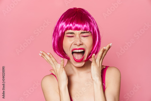Image of displeased nice woman screaming on camera with eyes closed
