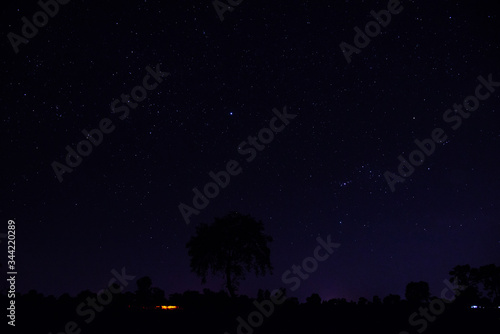 Panorama blue night sky milky way and star on dark background.Universe filled with stars, nebula and galaxy with noise and grain.Photo by long exposure and select white balance.Dark night sky. © Mohwet