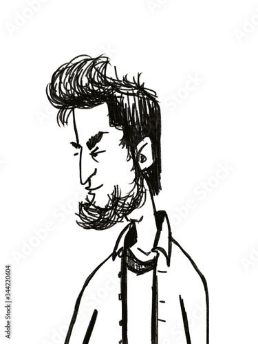 hand drawn sketch portrait of cartoon character young bearded stylish man isolated on white 