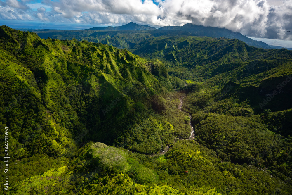 Aerial View of Beautiful Mountains in Kauai, Hawaii during clear summer weather with lush greenery 