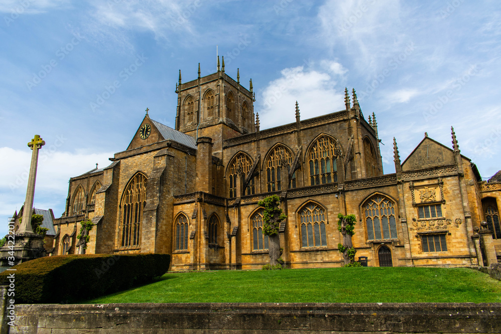The vivid colours of Sherborne Abbey show in this photograph taken on a bright sunny day in April.