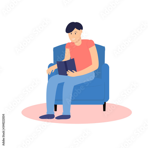 The guy is sitting on an armchair and reading a book. Person reading or student studying.  Book lovers, readers, modern literature fans isolated on white background. Flat cartoon vector illustration.