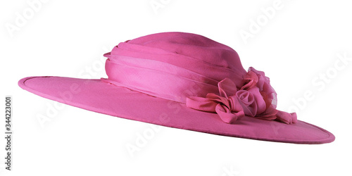 Pink woman hat, very showy, isolated on white background.