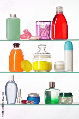 Hygiene and personal care products, on shelves and isolated on white background, no logo