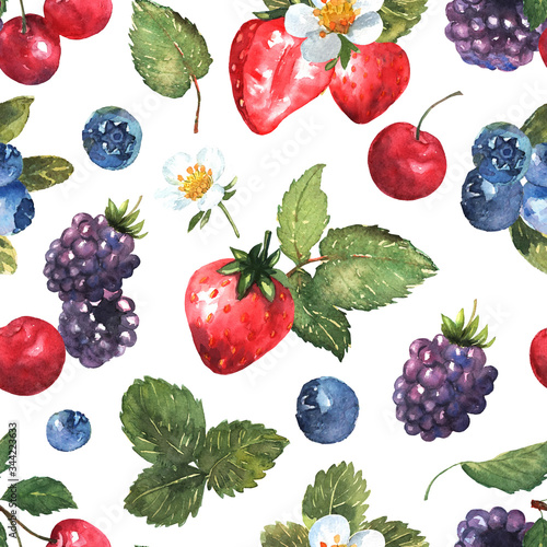 Berries seamless pattern in watercolor. Colorful background with strawberries  blackberries  cherries and blueberries. Natural illustration. Spring blossom. Collection for print and cards. Vector.