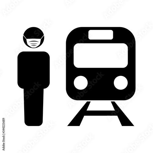 Person with medical mask and train symbol isolated on white background