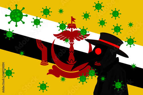 Black plague doctor surrounded by viruses with copy space with BRUNEI flag.