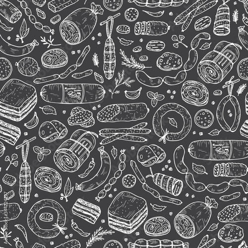 Food. Sausages Seamless pattern. Hand drawn doodle Meat products: Ready sausage, bacon, sliced saveloy, sausage, spicy pepperoni, smoked sausages, stick of salami, baked meatloaf, frankfurters