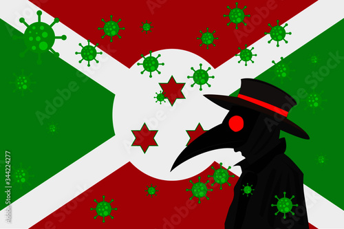 Black plague doctor surrounded by viruses with copy space with BURUNDI flag.