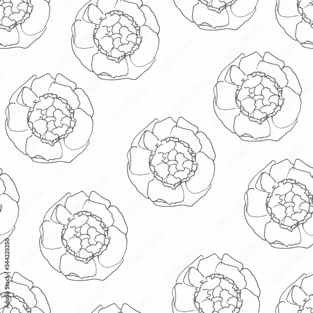 Grey peony flowers Seamless pattern. Hand drawn doodle illustration. For scrapbooking, packaging, fabrics, wallpaper, textiles Grey peony flowers Seamless pattern. Hand drawn doodle illustration. For scrapbooking, packaging, fabrics, wallpaper, textiles