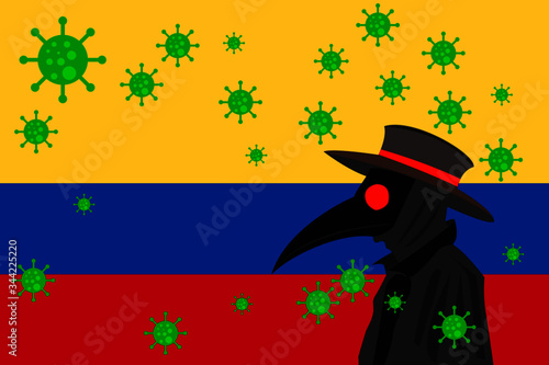 Black plague doctor surrounded by viruses with copy space with COLOMBIA flag.