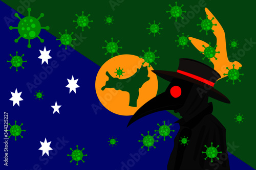 Black plague doctor surrounded by viruses with copy space with CHRISTMAS ISLANDS flag.