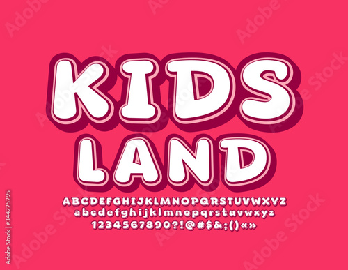 Vector playful logo Kids Land with creative Font. Comic style Alphabet Letters, Numbers and Symbols