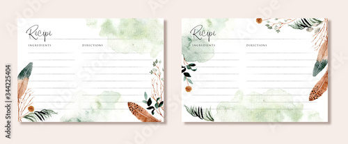 recipe card with rustic branches and feather watercolor