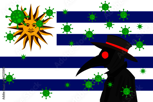 Black plague doctor surrounded by viruses with copy space with URUGUAY flag.