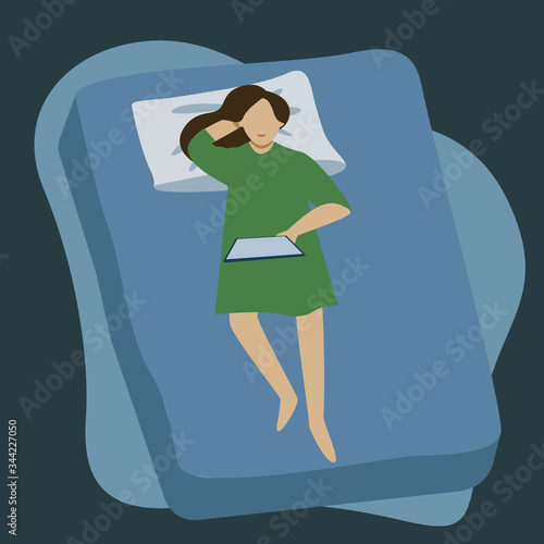Cozy home style, girl with tablet, vector illustration
