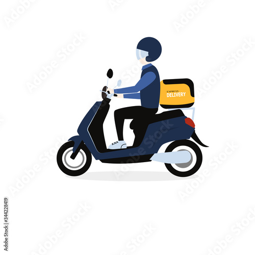 Delivery man riding motorcycle on white background. vector Illustration.