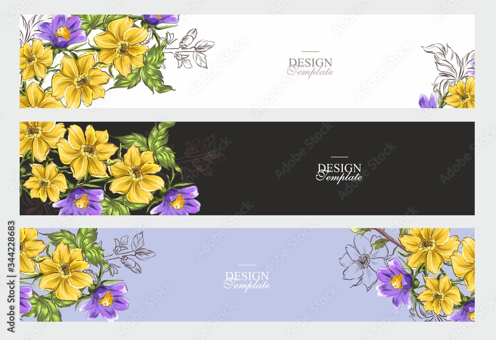 Sale banner flowers. Discount. Stocks. White, black, lilac, yellow.