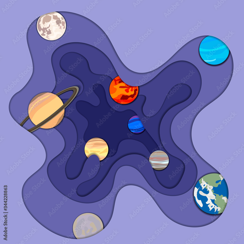 Vector background with a planets of the Solar system, flat decorative objects, paper art style, multilayerd illustrations, blue.