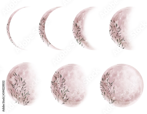 Watercolor pink moon phases set isolated on white background. Watercolor hand drawn earth satellite moon. Magic abstract illustration. Pink floral planet ball photo