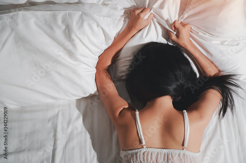 Bilde på lerret top view young and beautiful asian sexy woman wearing white lingerie sleepwear l