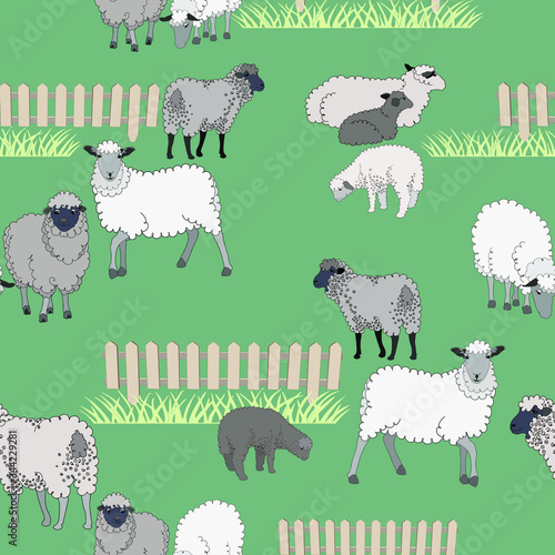 A flock of cute lambs on a green meadow.Colorful stylish floral. Template for the design of print, fabric, wallpaper and box.