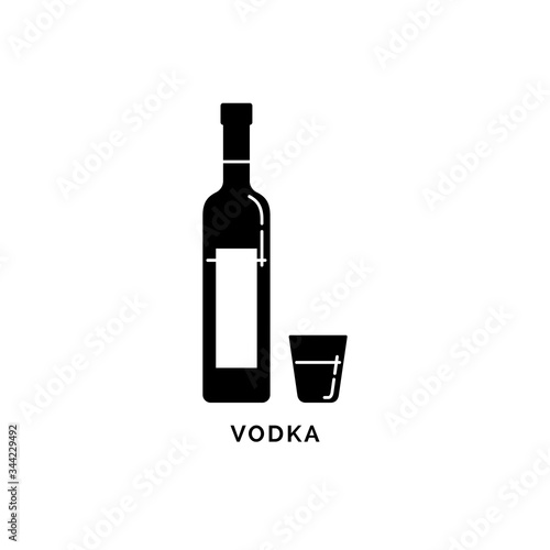 Illustration with silhouette bottle and glass vodka. Isolated object in line art style. Strong beverage label. White background. Design concept party, celebration. Modern sign