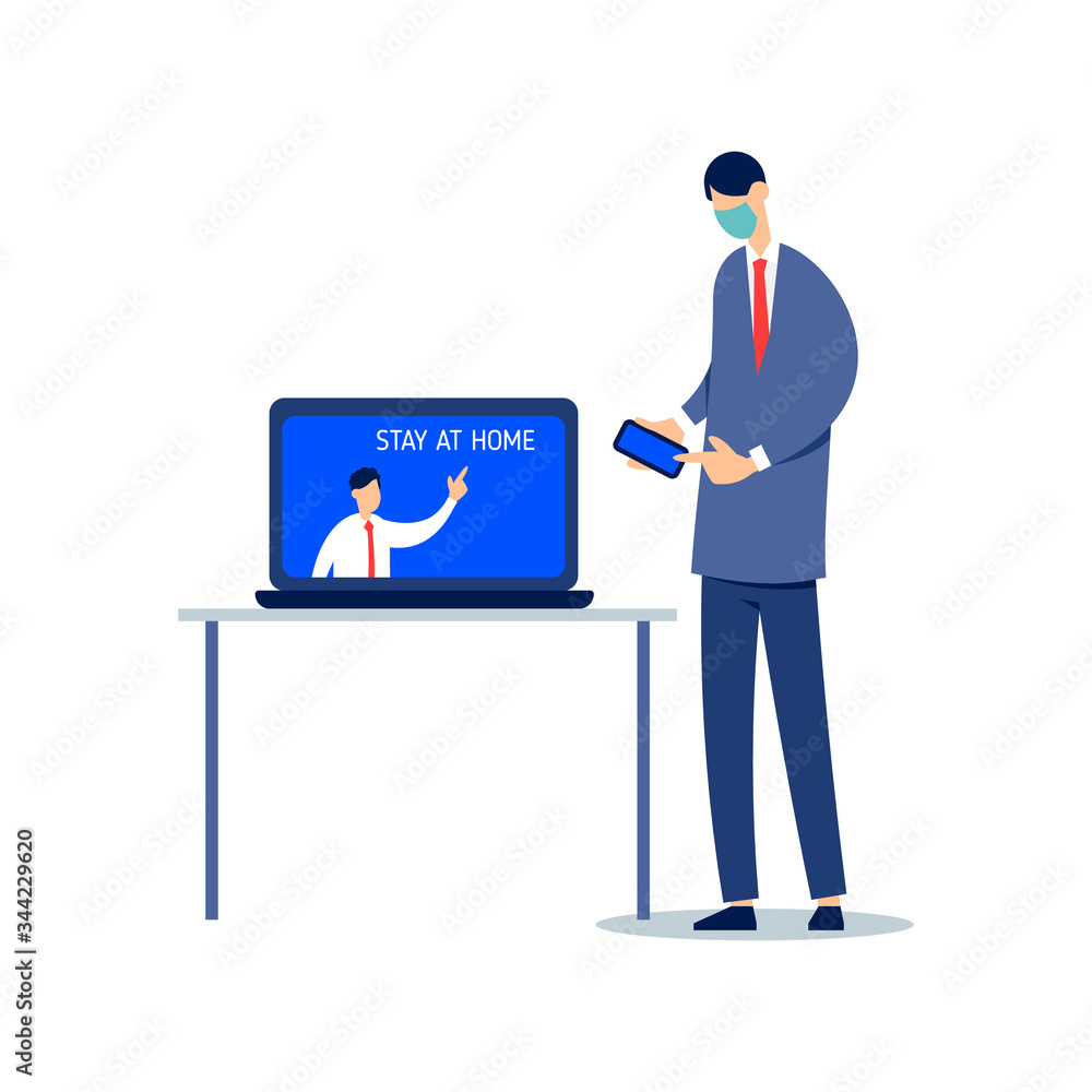 Manager informs employee via an Internet connection about need to work remotely. Businessman contacts the management by phone. Stay at home. Flat design isolated. Illustration on white background