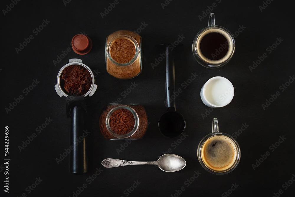 Flat lay of making coffe. Isolated on black background. Top view, flat lay. Flat lay of making coffe. Isolated on black background. Top view, flat lay.