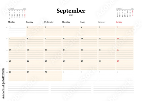 Calendar template for September 2020. Business monthly planner. Stationery design. Week starts on Monday.