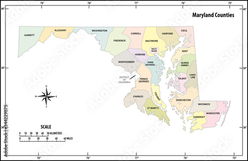 Maryland state outline administrative and political vector map in color