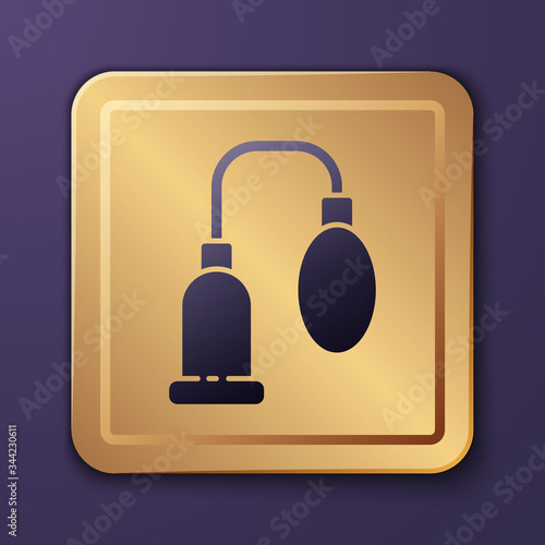 Purple Penis pump icon isolated on purple background. Penis enlarger. Sex toy for men. Vacuum pump with a blower to increase the penis. Gold square button. Vector Illustration