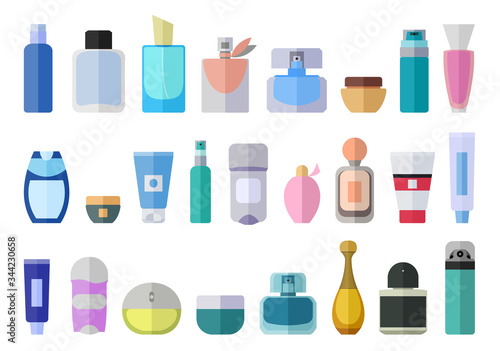 Flat icon set of parfume and cream bottles. Man and women fragrances in various shaped bottles.