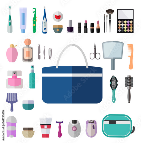 Flat icon set for personal hygiene items for women. Bathroom hygiene set for female.