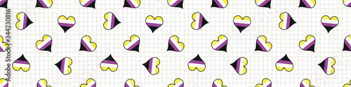 Cute non binary heart cartoon seamless vector border. Hand drawn isolated pride flag for LGBTQ blog. Transgender stripe background all over print. Gender community tolerance tile.
