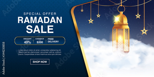 Ramadan Kareem promotional banner background template vector design Decorated With 3d Realistic arabic lantern and clound. Islamic eid mubarak special sale