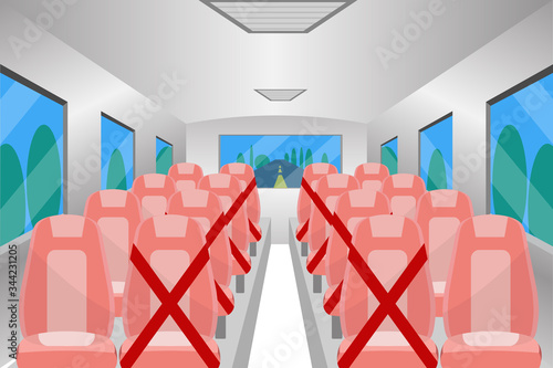 Social distancing chair space inside bus,  for protect pandemic of virus Covid-19, COVID-19 Quarantine. Pandemic Coronavirus Reducing risk of infection, social distancing concept.