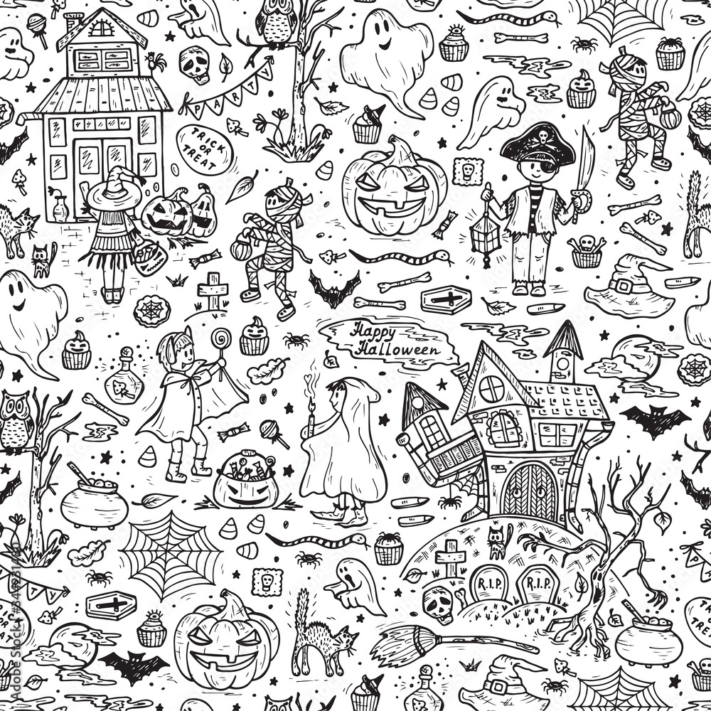 Happy Halloween. Vector Seamless pattern of Hand Drawn Doodle Cute Children in Halloween Costumes and various halloween night holiday design elements