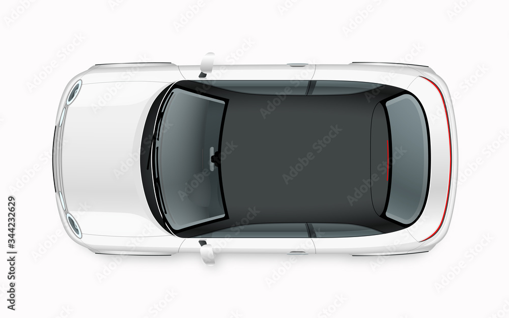 Fototapeta premium Modern compact city car mockup. Top view of realistic small white noname car isolated on white background.