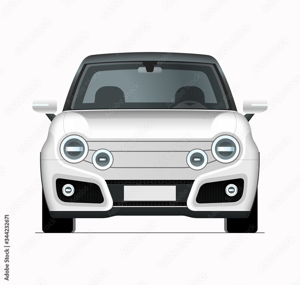 Modern compact city car mockup. Front view of realistic small white noname car isolated on white background.
