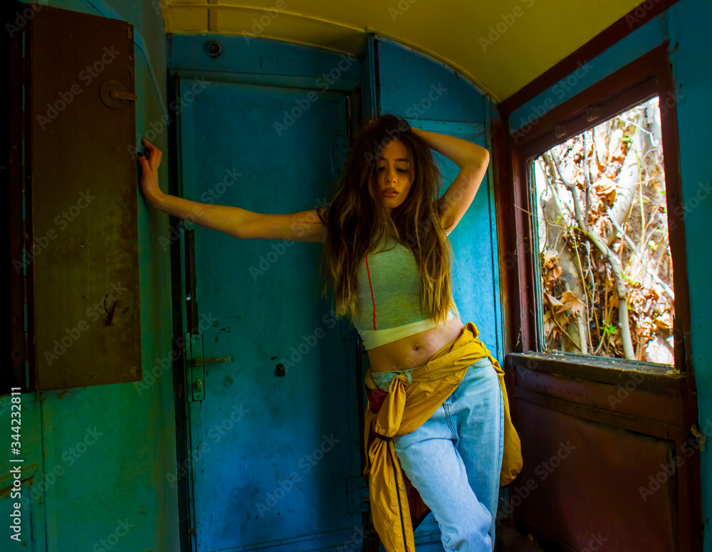 young woman in a train, sexy young girl sitting in a train foto de Stock |  Adobe Stock