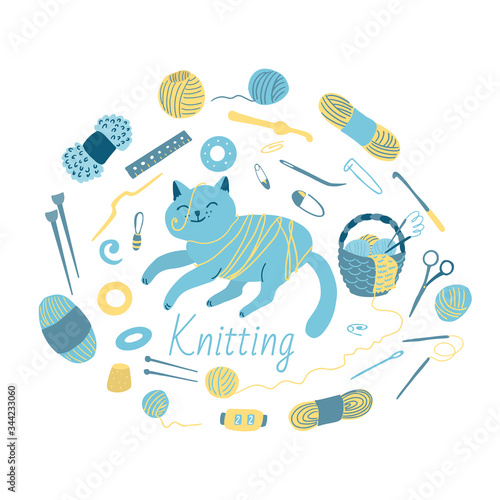 Big knitting tools set with a cut cat for design of catalogs, shops, business cards, labels. Hand drawn elements: wool, yarn, spool, scissors, needles, hooks, thimble, stitch markers, rows counter.