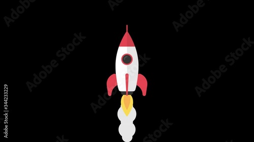 Rocket flies up with an animation of fire and smoke. Transparent background