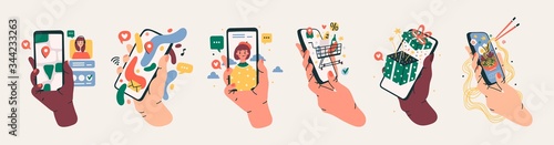 Set of Hands holding smartphones with various images. Communication, social networking concept. Stylized hand drawn Vector illustration for Mobile Application or web sites and banner design