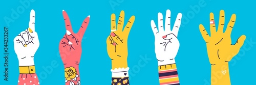 Set of Hand gesture Symbols. Various hand icons with finger count. Counting by bending fingers. Hand drawn colorful trendy Vector illustration. Cartoon style. Flat design. All elements are Isolated 